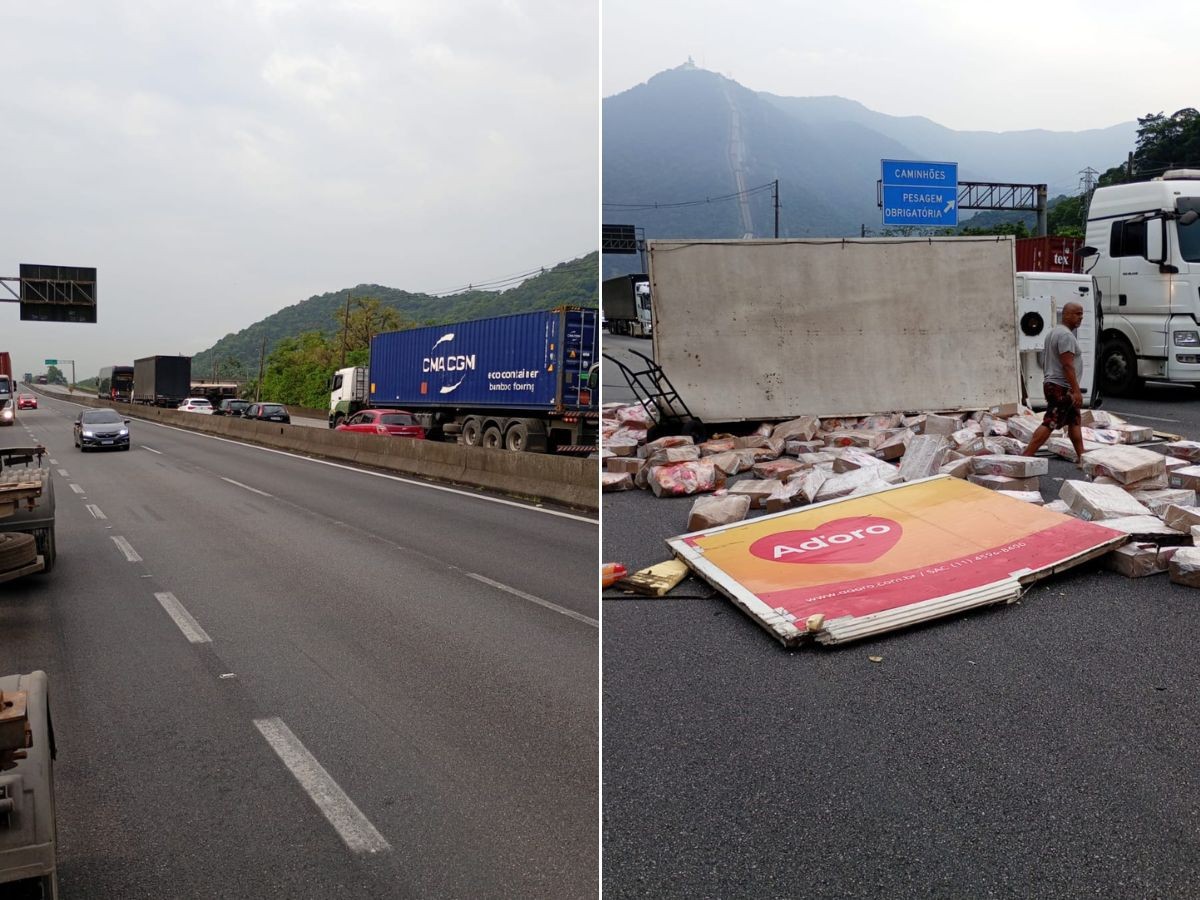 Caminhão tomba e espalha carga de frango refrigerado na rodovia Anchieta