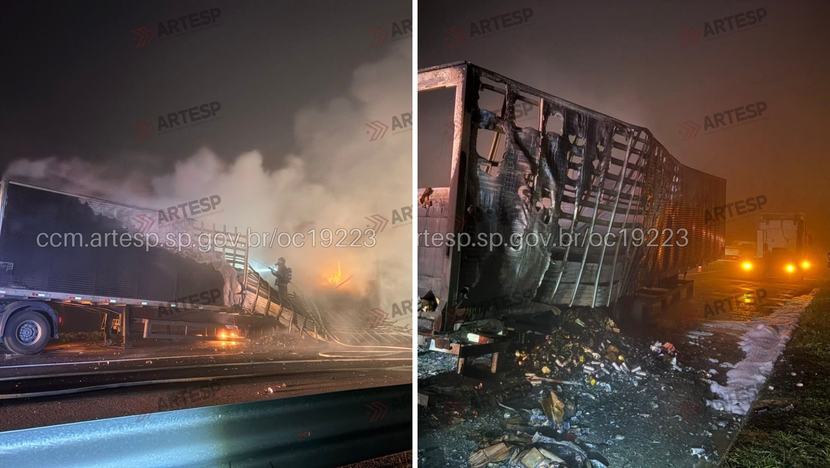 Carreta pega fogo e interdita rodovia Dom Pedro I, em Jacareí