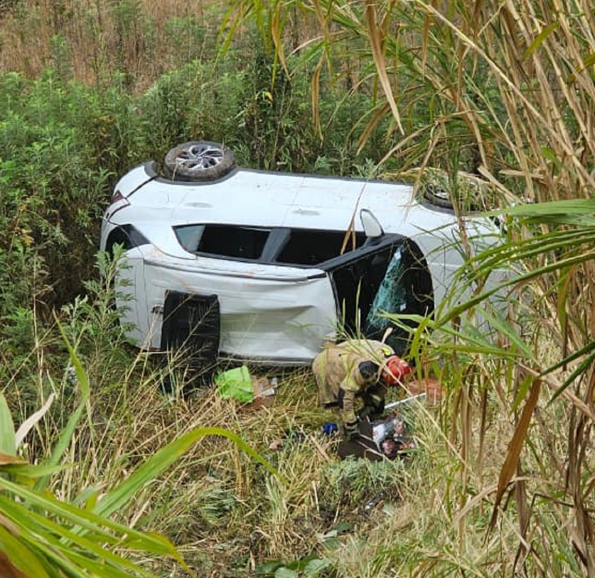 Carro despenca em ribanceira na BR-040, em Juiz de Fora; cinco pessoas foram resgatadas 