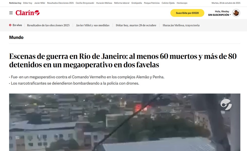 Jornal argentino Clarín fala sobre megaoperação no Rio — Foto: Reprodução
