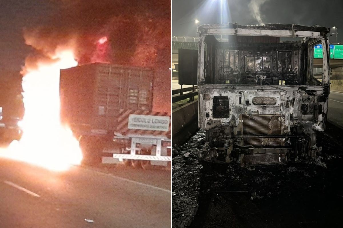 Carreta carregada com café pega fogo na rodovia Anchieta, em SP