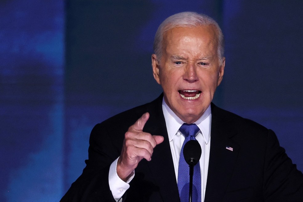O presidente dos Estados Unidos, Joe Biden, discursa na Convenção do Partido Democrata — Foto: REUTERS/Mike Segar