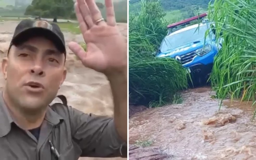 Polícial em vídeo que mostra a força da água que deixou viatura ilhada em canavial após ser arrastada, em Anicuns — Foto: Divulgação/Polícia Militar