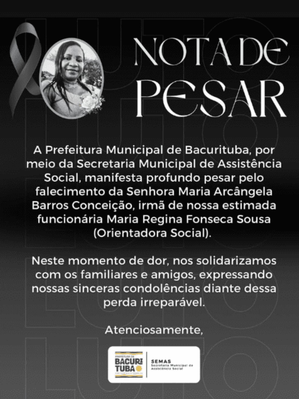 Nota de pesar da Prefeitura de Bacurituba, por meio da Secretaria Municipal de Assistência Social (Semcas). — Foto: Divulgação/Redes sociais
