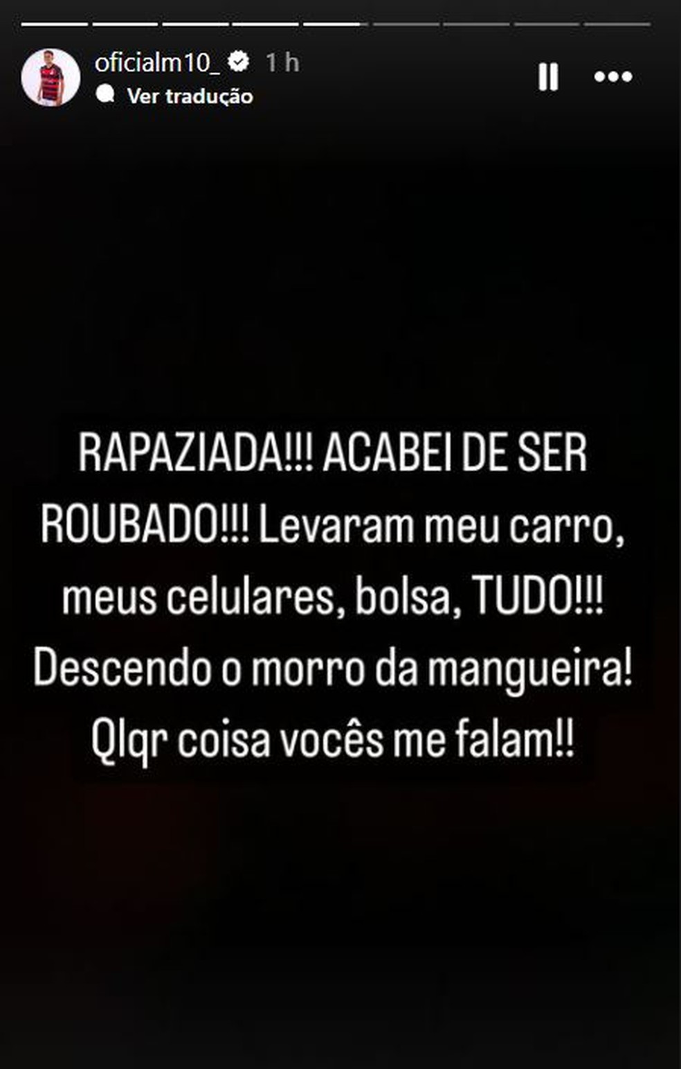 Matheus Gonçalves relata que foi assaltado após jogo do Flamengo — Foto: Reprodução