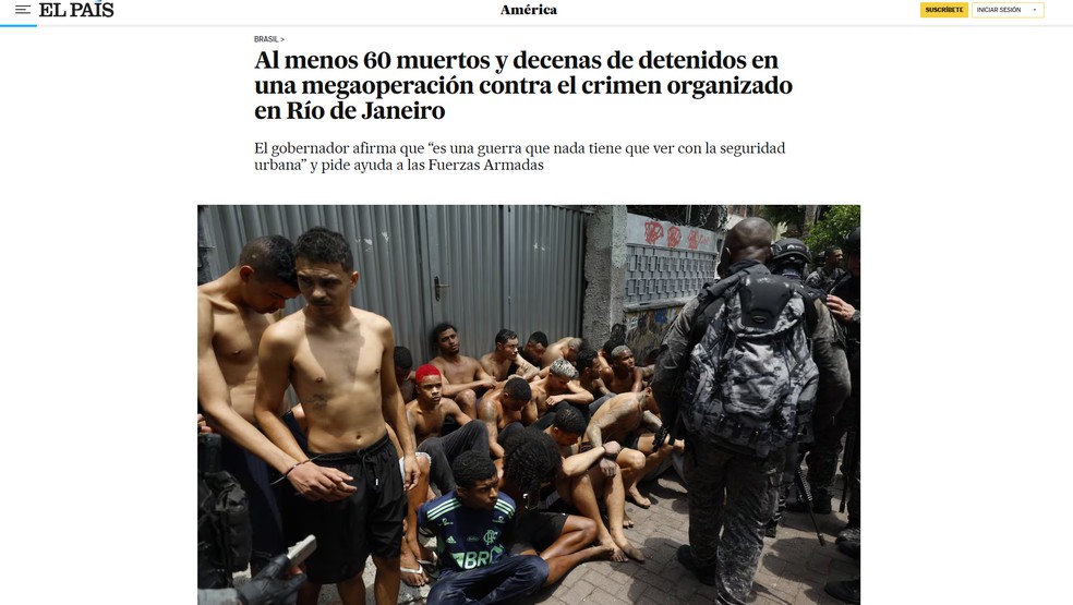 Jornal espanhol El País noticia megaoperação no Rio de Janeiro — Foto: Reprodução