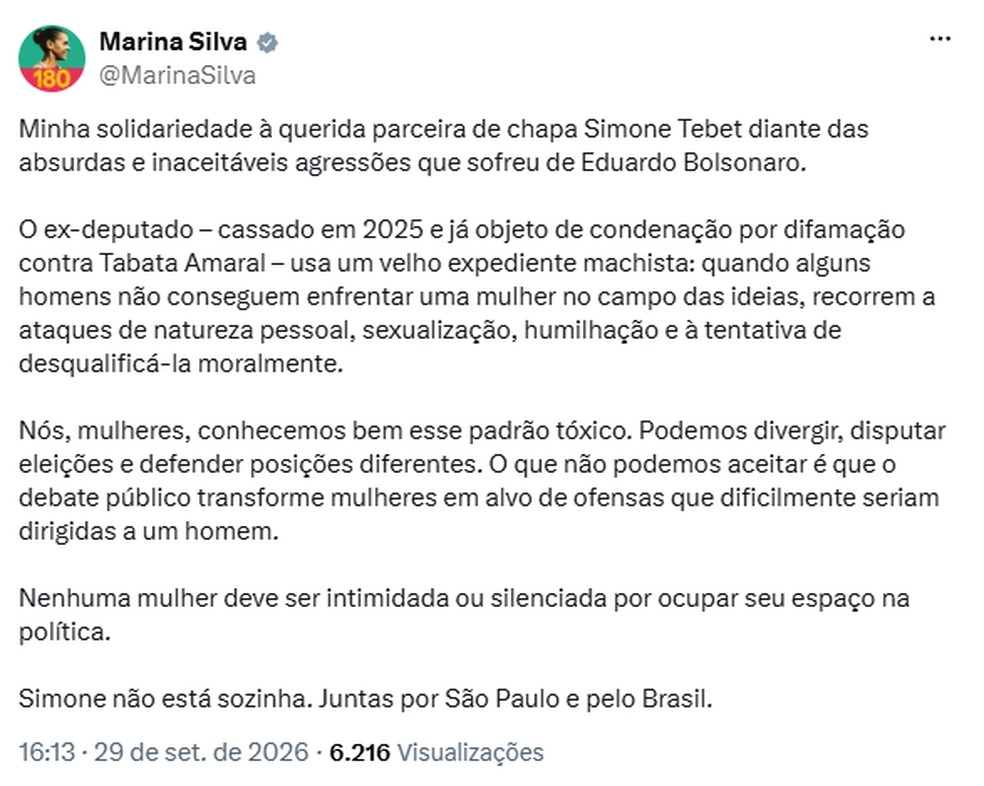 Postagem de Marina Silva após declaração de Eduardo Bolsonaro sobre Simone Tebet — Foto: Reprodução/X
