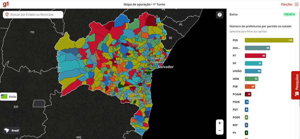 Mapa do g1 mostra número de prefeituras por partido na Bahia — Foto: Arte g1