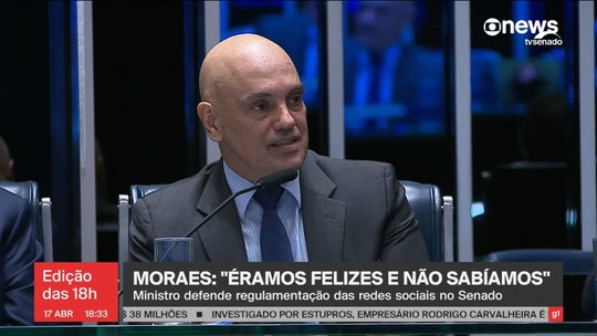 Alexandre de Moraes sobre redes sociais "éramos felizes e não sabíamos" - Programa: Jornal GloboNews edição das 18h 