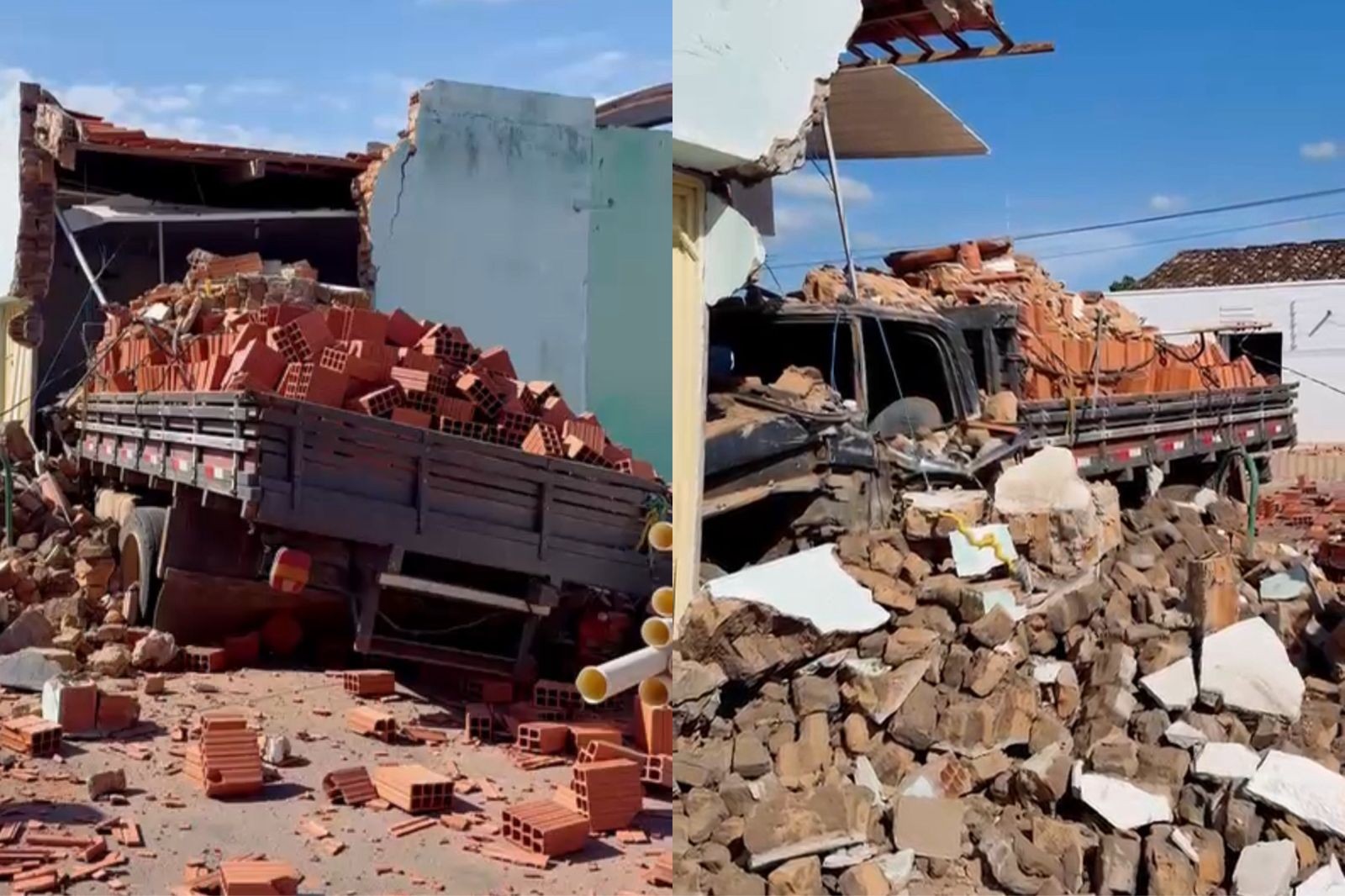 Caminhão carregado de tijolos bate em casa e invade depósito em cidade do PI