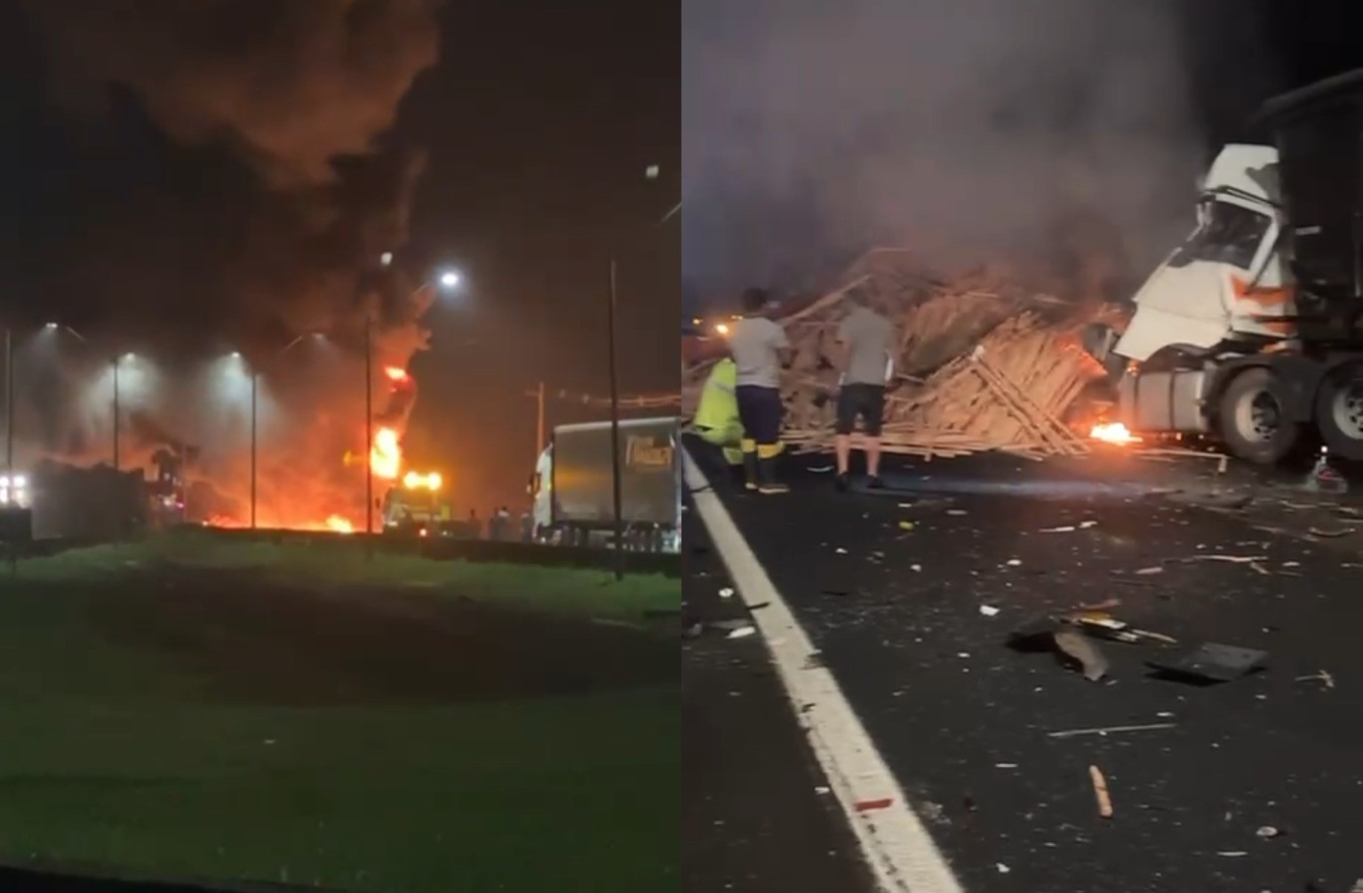 Engavetamento com incêndio bloqueia BR-101 em Governador Celso Ramos; VÍDEO