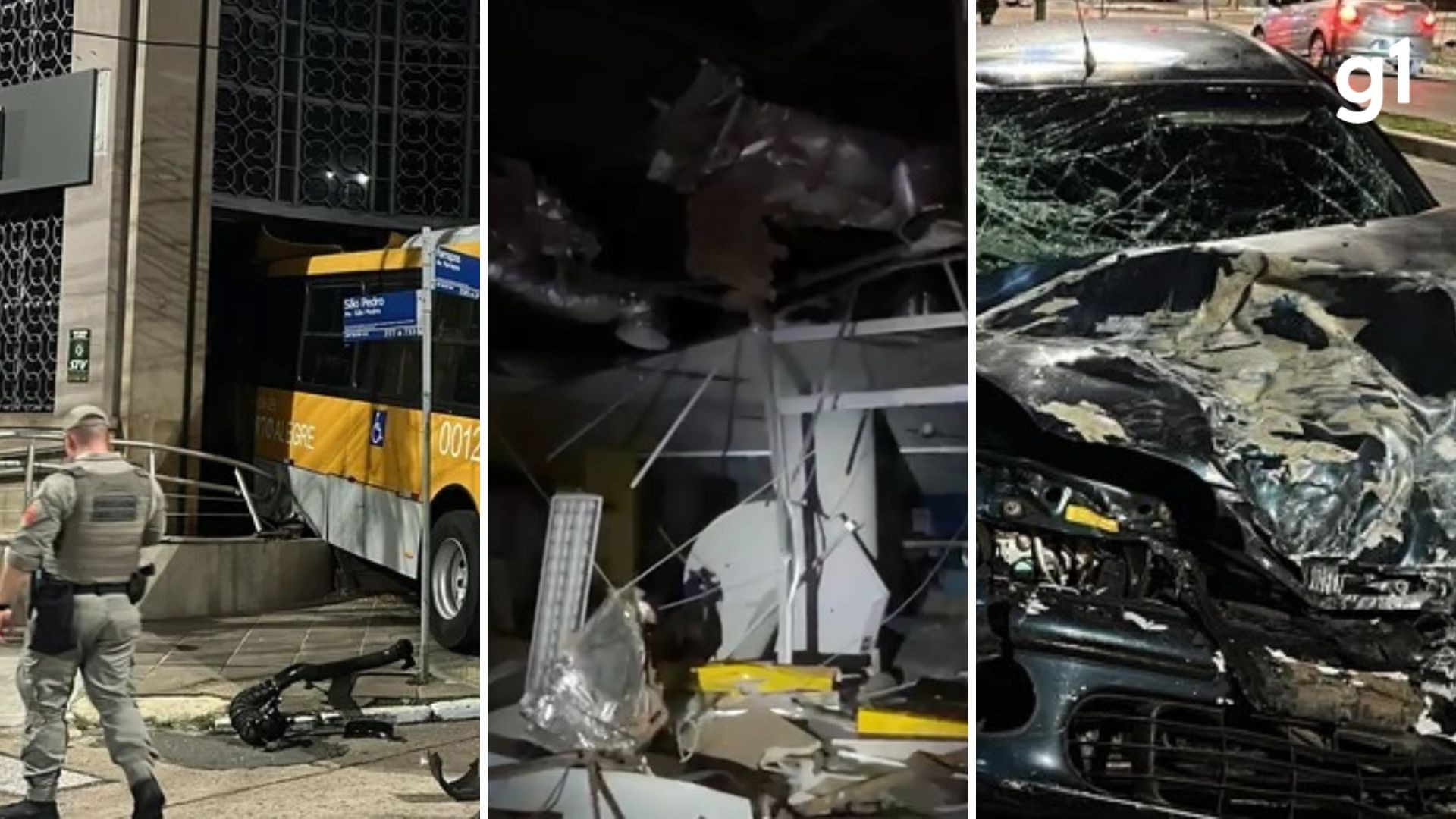 Motorista bate carro em ônibus durante racha e joga coletivo para dentro de agência bancária em Porto Alegre