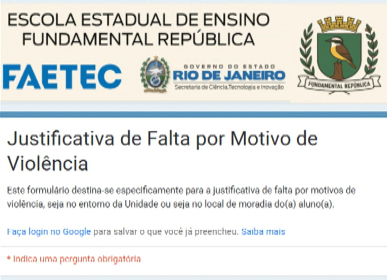 Formulário para justificar faltas por violência circula entre alunos da Faetec de Quintino