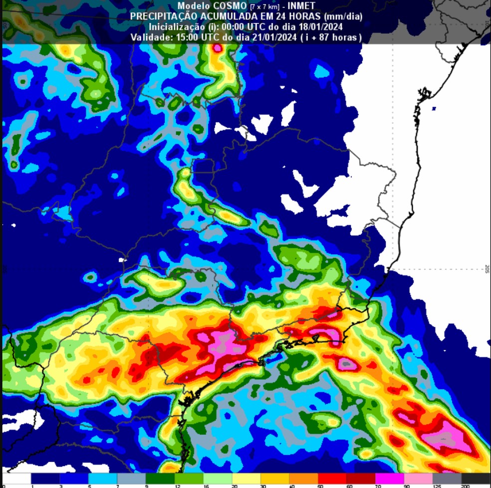 Mapa mostra o acumulado de chuva no Sudeste até domingo (21) — Foto: INMET