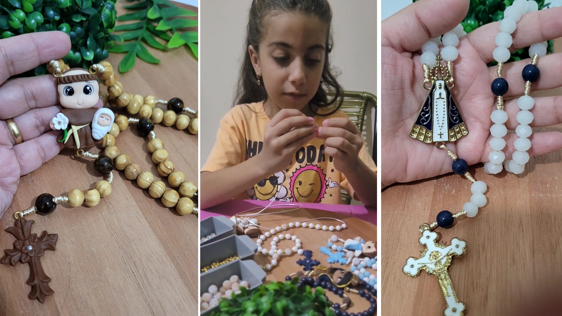 Menina de 7 anos transforma fé em artesanato ao produzir terços infantis: 'Foi tudo ideia dela', diz mãe