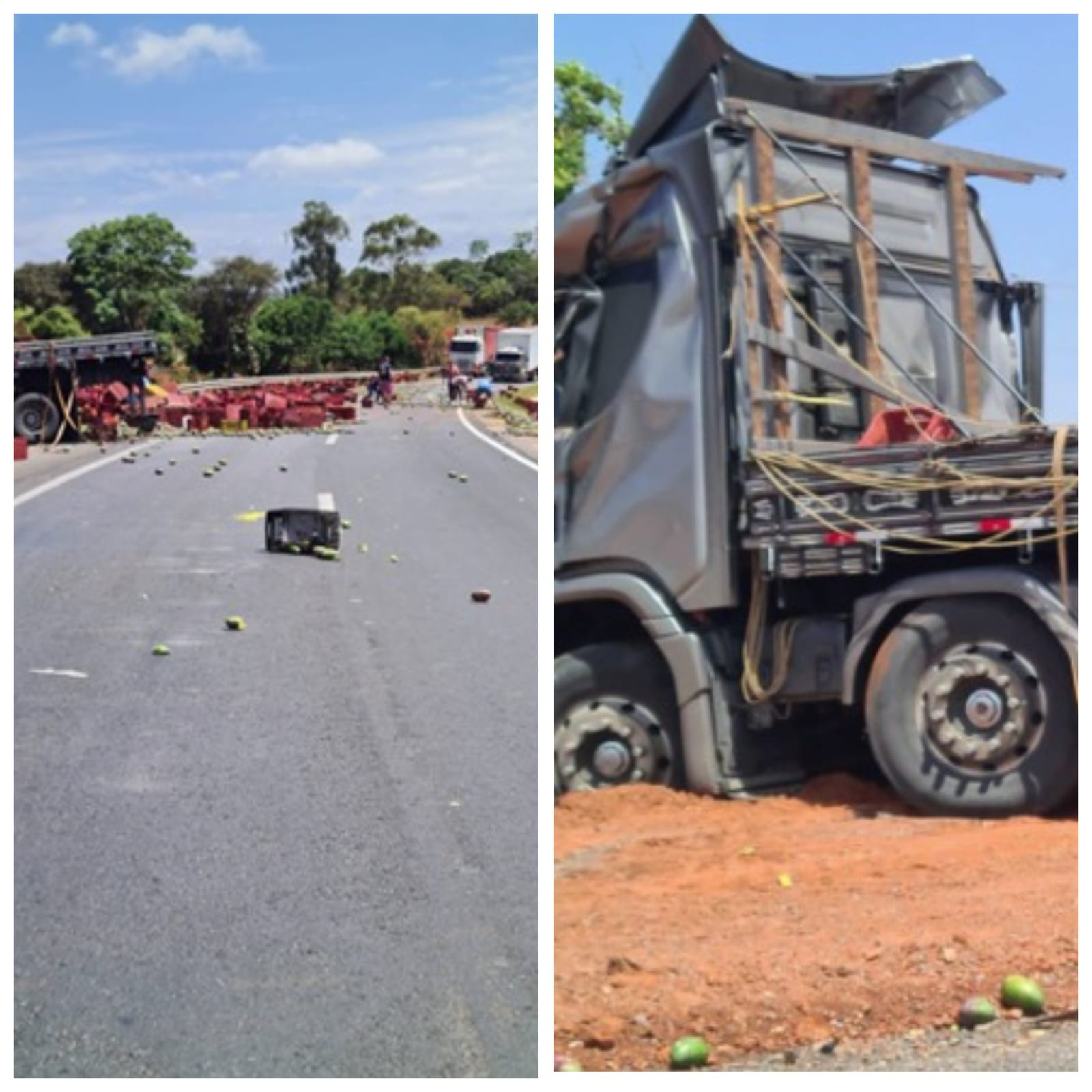 Caminhoneiro morre após veículo carregado com mangas tombar na BR-135, em Montes Claros