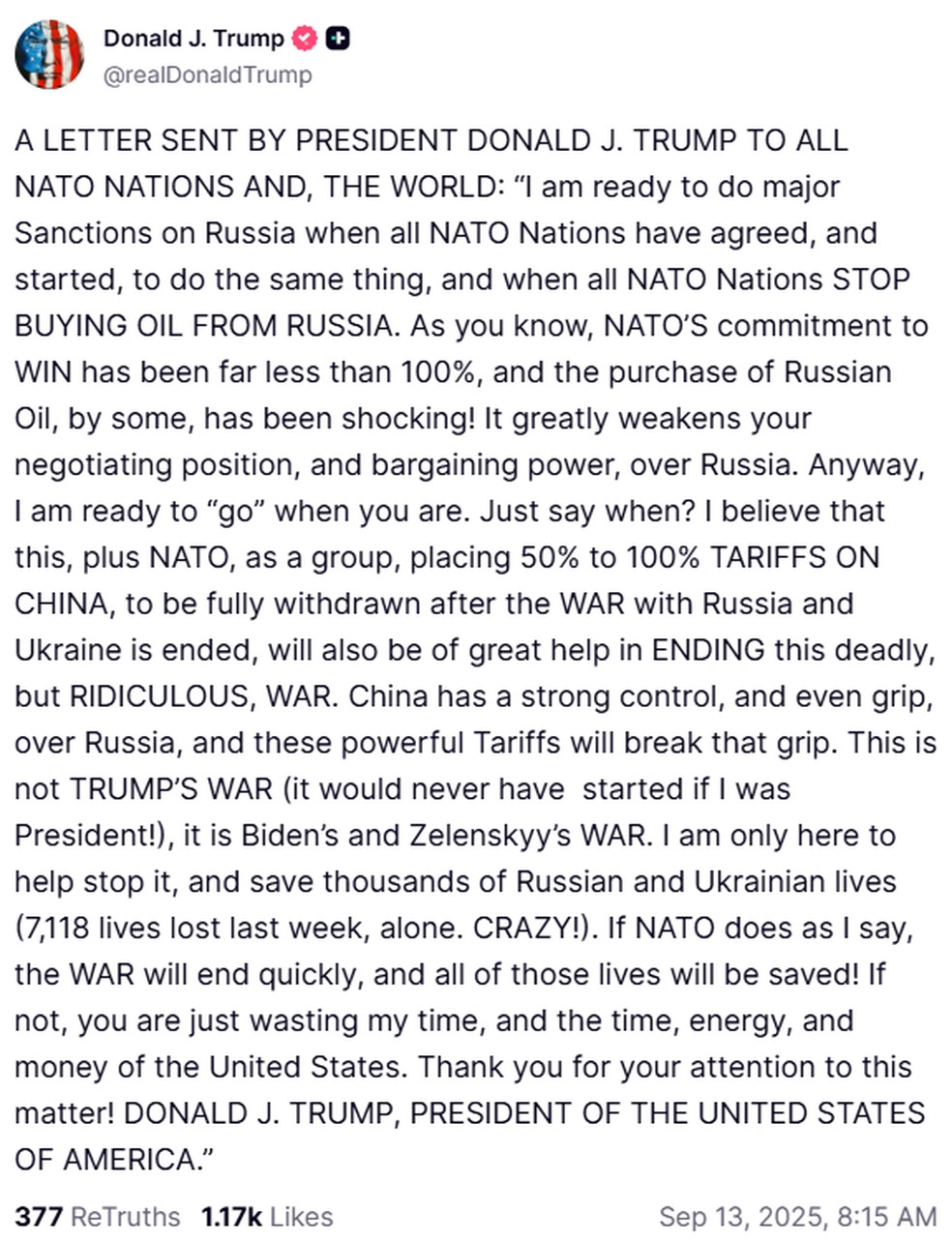 Trump envia carta a países da OTAN cobrando sanções e tarifas para pressionar Rússia — Foto: Reprodução/Truth social