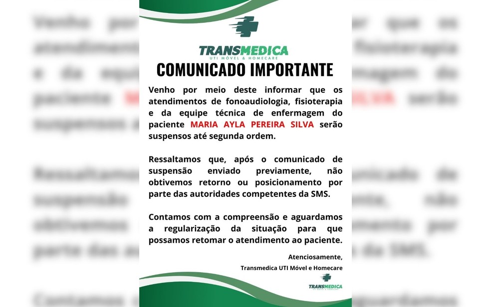 Transmedica informa a suspensão dos serviços domiciliares à menina com síndrome rara, em Goiânia — Foto: Acervo pessoal
