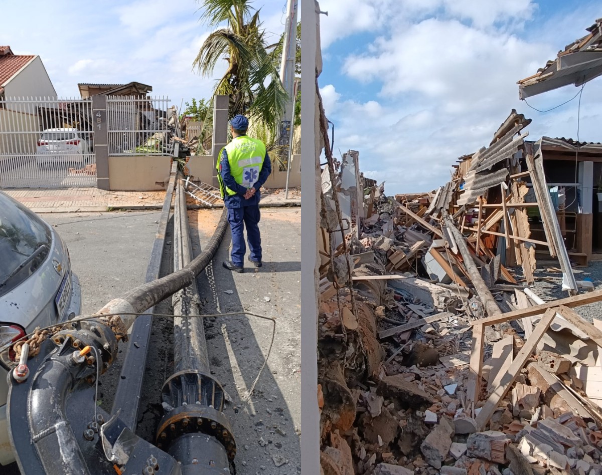 Máquina de perfuração tomba e torre de 40 metros atinge casas e carro em SC 