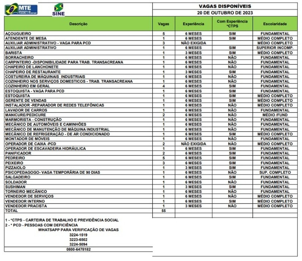 Sine oferta 55 vagas de emprego nesta sexta-feira (20) — Foto: Divulgação