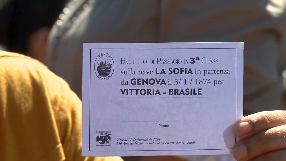 Festa tinha até reprodução do bilhete da viagem da Itália para Vitória em 1874 — Foto: Reprodução/TV Gazeta