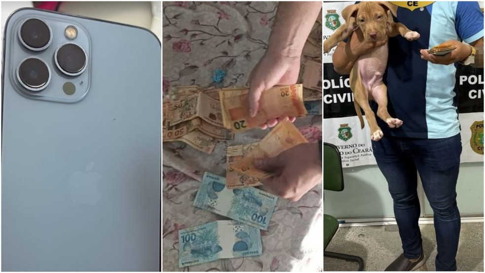 A vítima recebeu os valores recuperados e assinou um termo para ficar com a guarda do filhote de pitbull. — Foto: Delegacia de Quixadá/ Divulgação