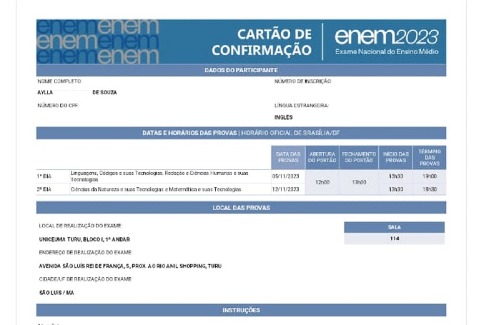 Inscrição de Aylla mostra local de realização do Enem em instituição de São Luís do Maranhão — Foto: Reprodução