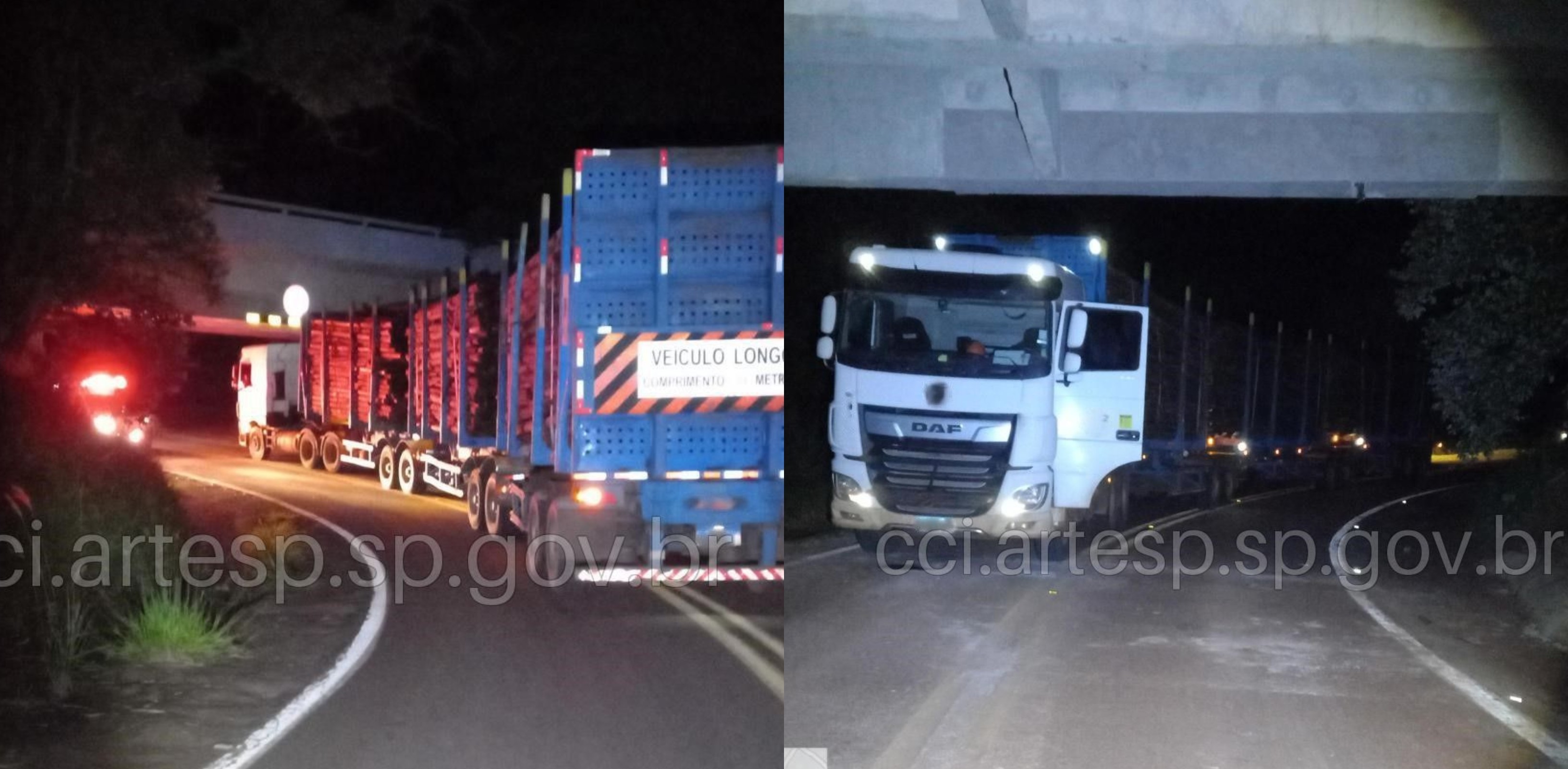 Carreta com carga de madeira fica entalada em viaduto da SP-280 em Águas de Santa Bárbara