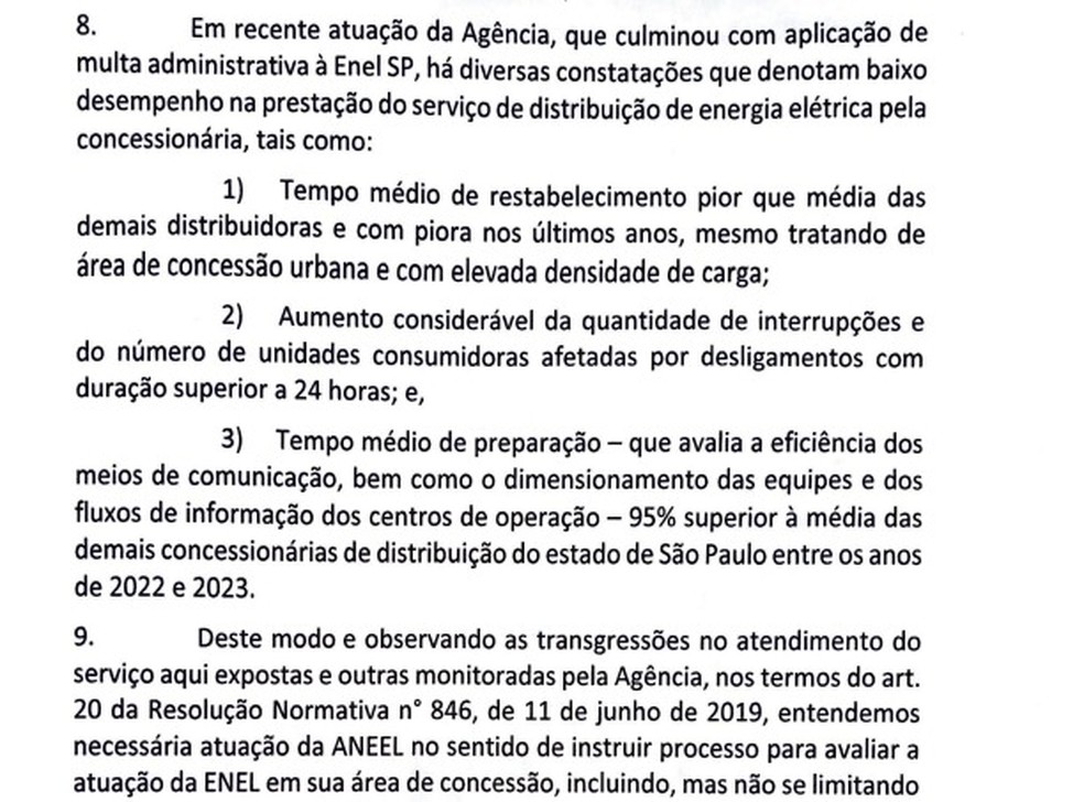 Trecho da carta enviada pelo ministro Alexandre Silveira à Aneel sobre a situação da Enel-SP — Foto: Reproduçõa/MME
