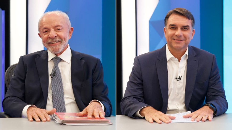 Lula (à esq) e Flávio Bolsonaro (à dir) participaram de sabatinas na TV Globo — Foto: Divulgação