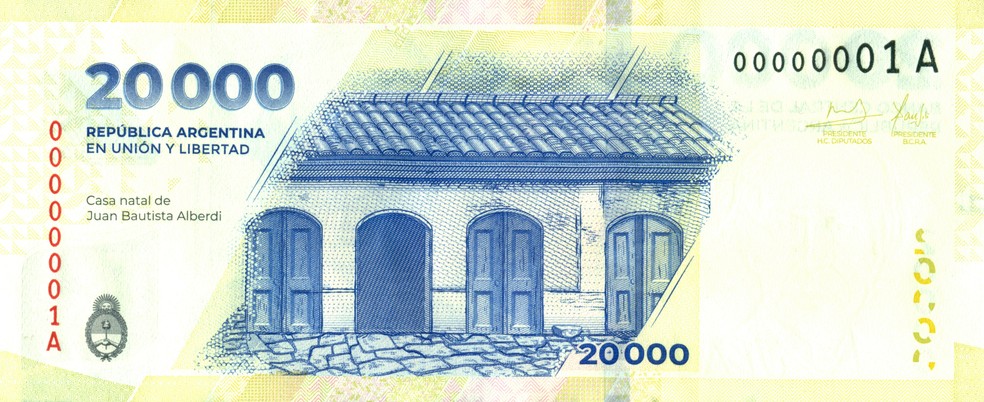 Reverso da nova nota de 20 mil pesos da Argentina. — Foto: Reprodução/Banco Central da Argentina