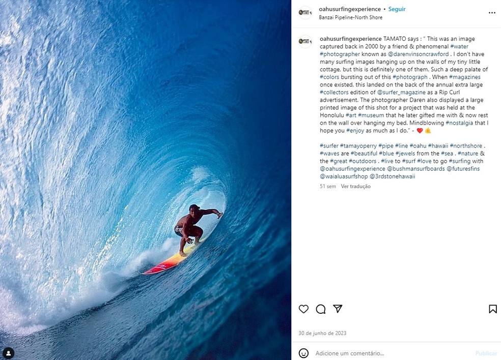 Tamoyo Perry surfando em 2000, em foto publicada por ele no Instagram — Foto: Reprodução/Instagram