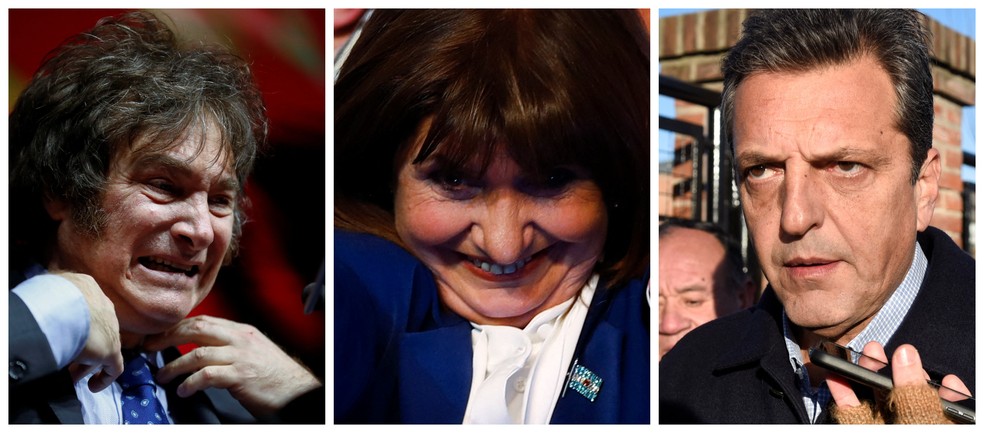 Montagem Javier Milei, Patricia Bullrich e Sergio Massa — Foto: Reuters