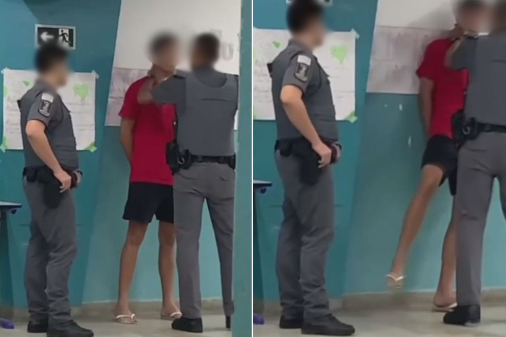Policial é filmado por estudantes apertando o pescoço de um aluno dentro de uma escola estadual em Santos, SP — Foto: Reprodução