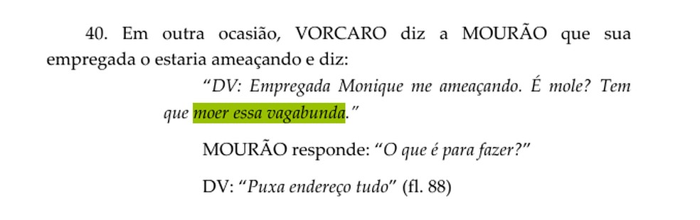 Trecho da decisão do STF mostra mensagem atribuída a Daniel Vorcaro com ordem para levantar endereço de uma empregada após ameaça. — Foto: Reprodução