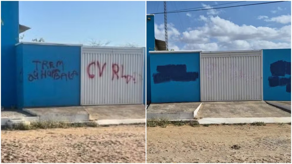 Provedora de internet em Groaíras (CE) foi alvo de facção criminosa; na imagem, antes e depois de pichação — Foto: Reprodução