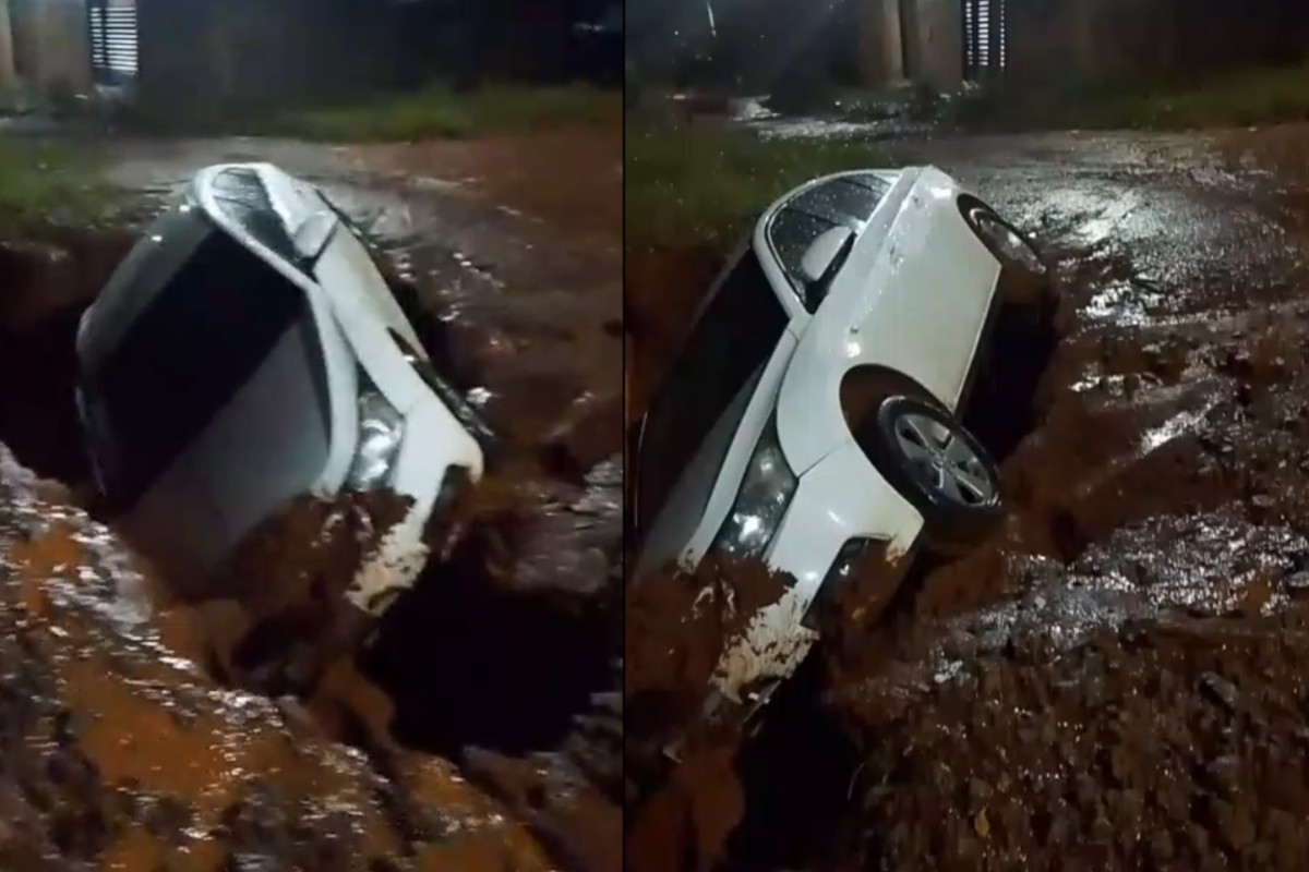 Carro é engolido por cratera em Campo Grande após chuva intensa; veja vídeo