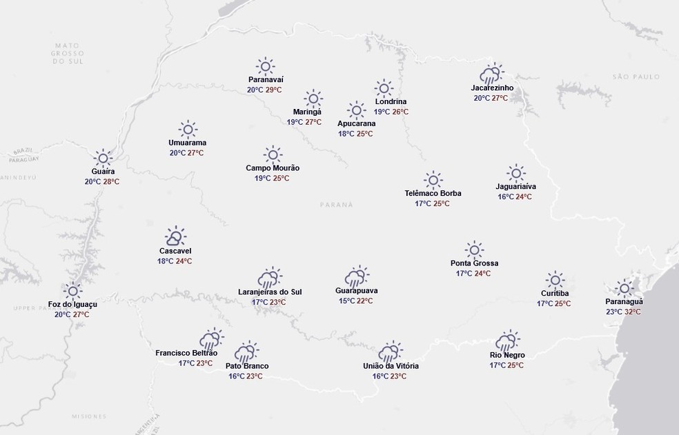 Previsão do tempo do Simepar para quarta-feira (10) — Foto: Reprodução/Simepar