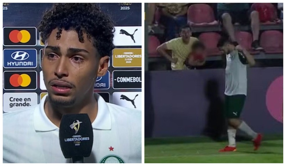 Jogador Luighi, do sub-20 do Palmeiras, sofre ao ser vítima de racismo em partida no Paraguai. — Foto: Reprodução/Sportv