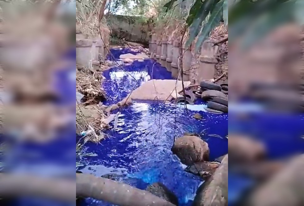 Córrego em Salto (SP) ficou com a água azul — Foto: Reprodução