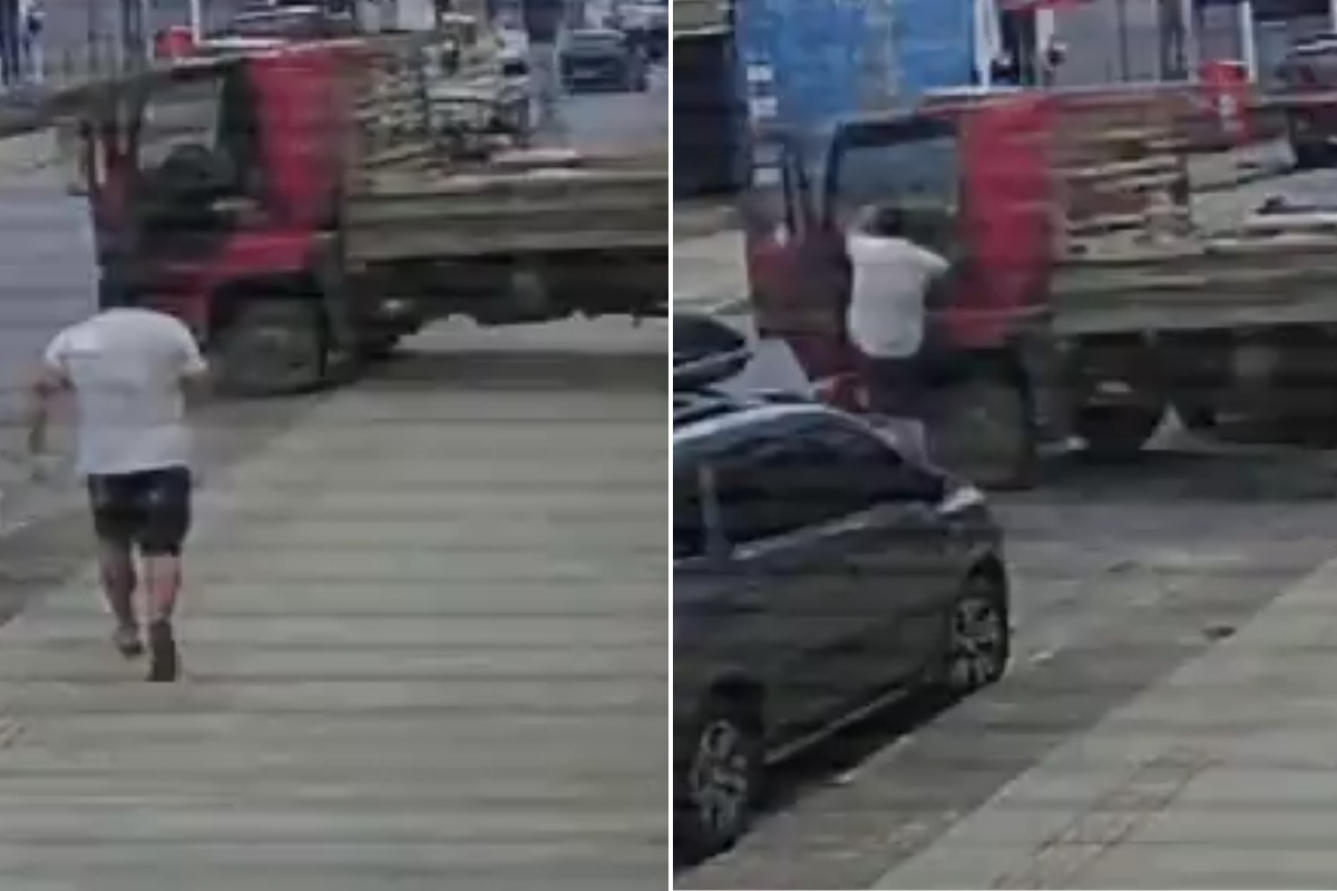 VÍDEO: Homem pula em carreta sem motorista e consegue pará-la no litoral de SP