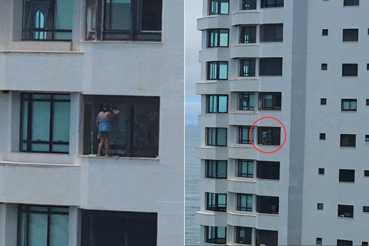 Mulher é filmada em pé no parapeito de prédio de luxo à beira-mar no litoral de SP; VÍDEO