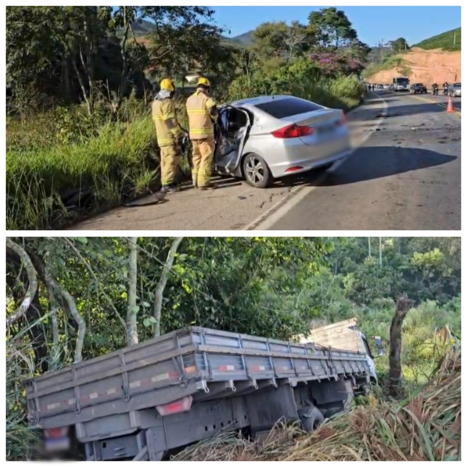 Motorista morre e esposa e filhos ficam feridos em acidente entre carro e caminhão na BR-262