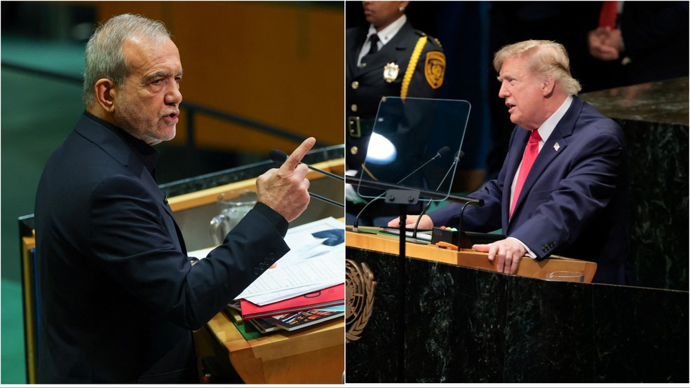 O presidente do Irã, Masoud Pezeshkian, e o líder dos Estados Unidos, Donald Trump — Foto: Reprodução: Reuters