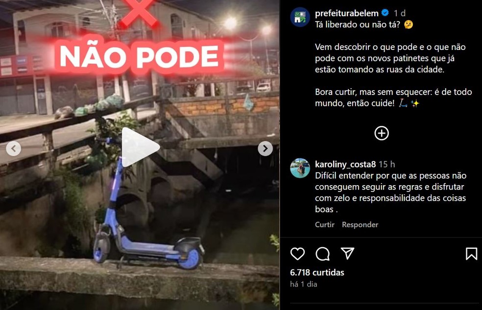 Patinete elétrico foi estacionado no meio de canal em Belém — Foto: Prefeitura de Belém/Reprodução