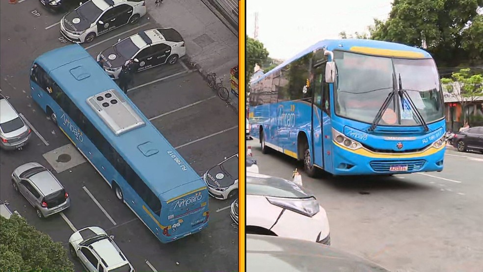 Dezenas de passageiros de um ônibus da Viação Nossa Senhora do Amparo foram assaltados — Foto: Reprodução/TV Globo