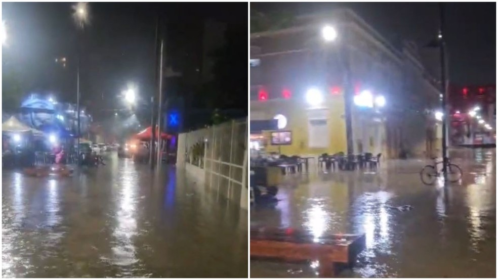 Praça no entorno do Dragão do Mar fica alagada após chuvas em Fortaleza neste sábado (16) — Foto: Reprodução