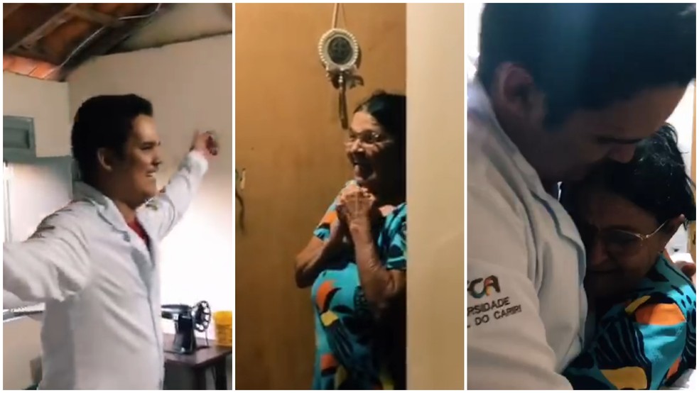 Maria de Lourdes, avó de Gabriel, se emocionou ao vê-lo com jaleco pela primeira vez — Foto: Reprodução