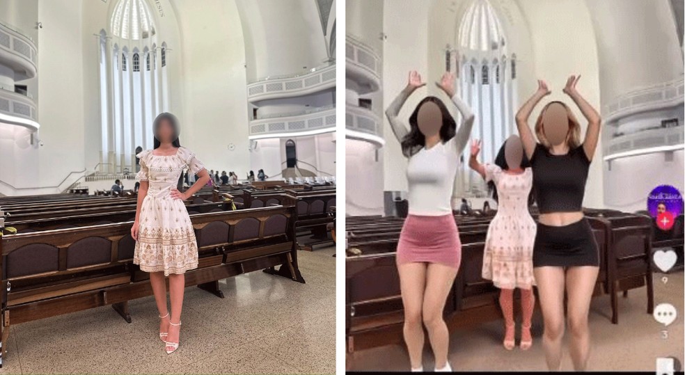Adolescente que tirou foto na CCB teve foto manipulada por IA para aparecer sensualizando em vídeo ao lado de outros mulheres — Foto: Reprodução/Redes sociais