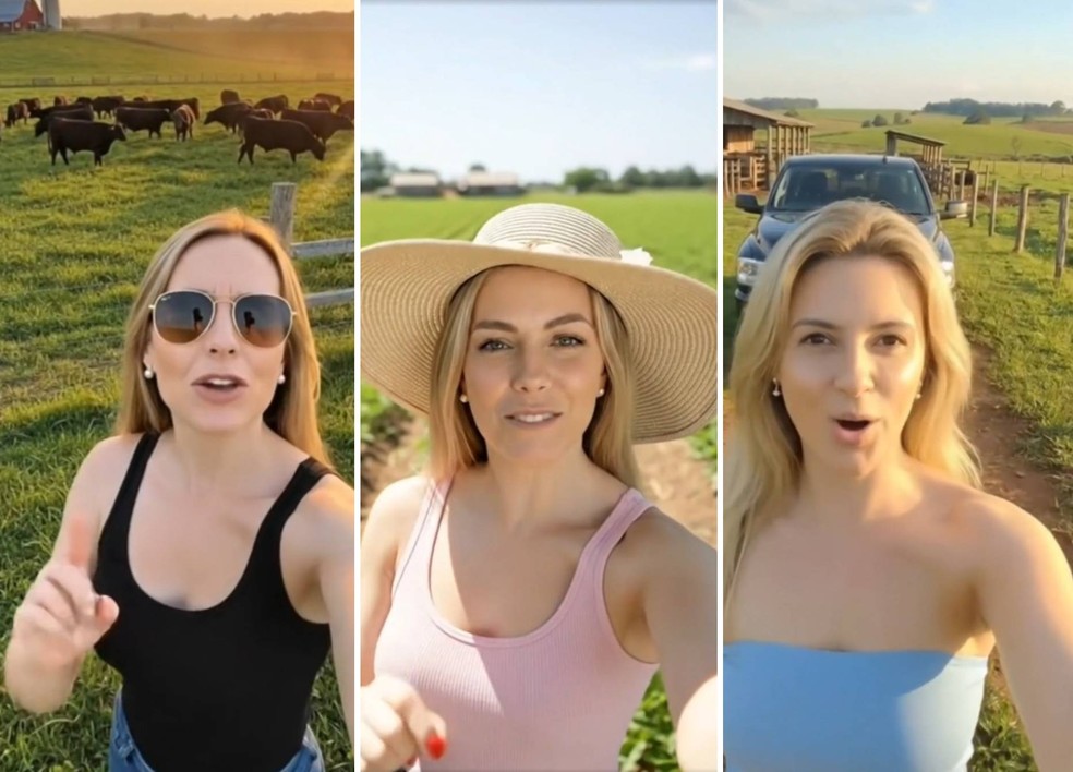 Montagem mostra imagens de mulher criada por IA que motivou homem a fazer viagem de 2 mil km em busca de falsa pretendente virtual — Foto: Reprodução/Redes sociais